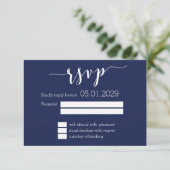 Modern Navy Blue Script Wedding RSVP Card (Staand voorkant)