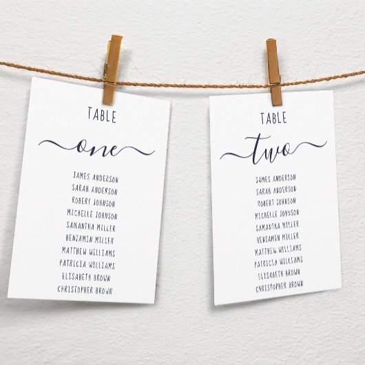 Modern  Navy Blue Script White Seating Chart Card