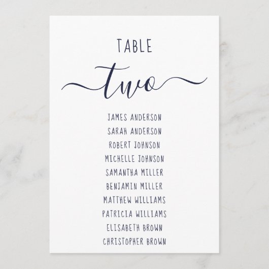 Modern  Navy Blue Script White Seating Chart Card (Voorkant)