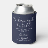 Modern Navy Blue Signature Script bruiloft Blikjeskoeler (Blikje Voorkant)