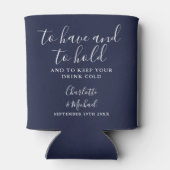Modern Navy Blue Signature Script bruiloft Blikjeskoeler (Achterkant)