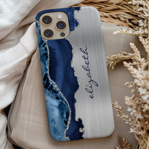 Modern Navy Blue Silver Agate Metallic iPhone 11 Pro Hoesje