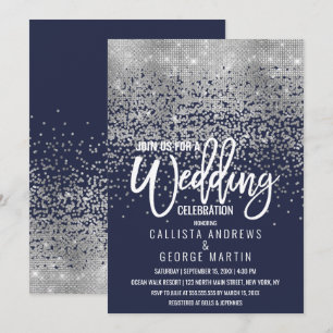 Modern Navy Blue Silver Glitter Confetti bruiloft Kaart