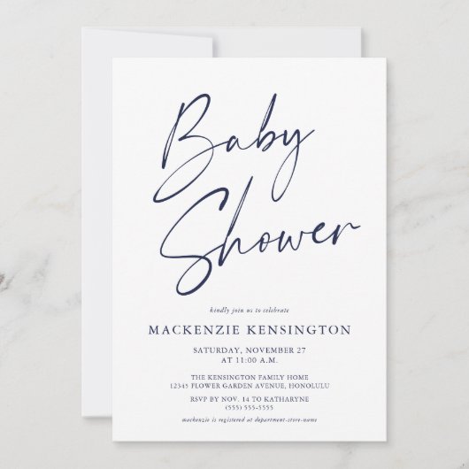 Modern Navy Blue Simple Script-Baby shower Kaart (Voorkant)