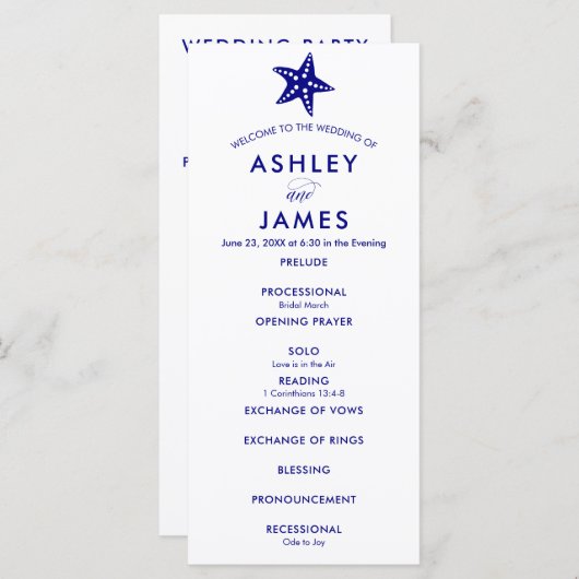 Modern Navy Blue Starfish bruiloft ceremonie progr Programma (Voorkant / Achterkant)