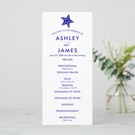 Modern Navy Blue Starfish bruiloft ceremonie progr Programma (Staand voorkant)