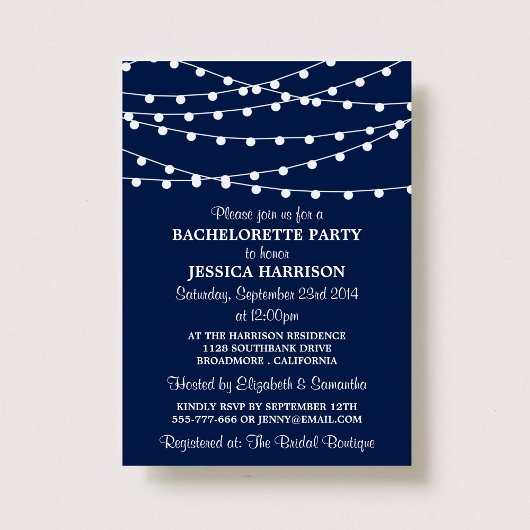 Modern Navy Blue String Lights Bachelorette Kaart