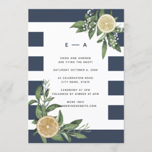 Modern Navy Blue Stripe Waterverf Lemon Kaart
