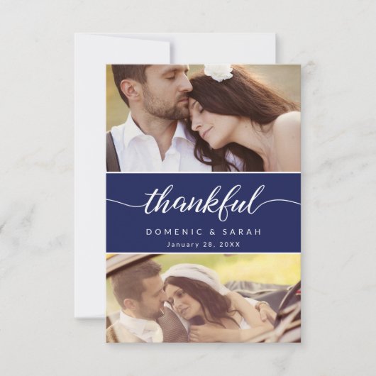 Modern Navy Blue Thankful script Wedding Photos Bedankkaart (Voorkant)