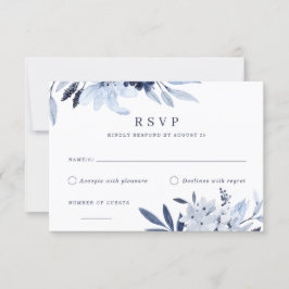 Modern Navy Blue Waterverf Floral RSVP Reactie Kaart