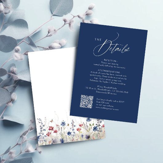 Modern Navy Blue Wedding QR Code Details Notitiekaartje