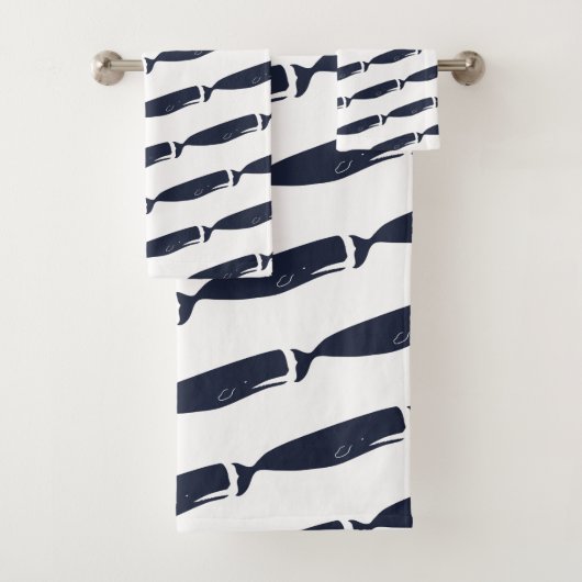 Modern Navy Blue Whales Bad Handdoek (Insitu)