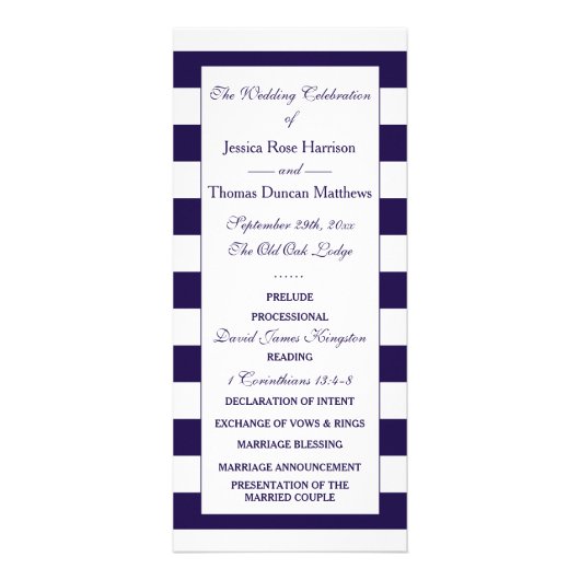 Modern Navy Blue & White Stripe Trouwprogramma Reclamekaart (Voorkant)