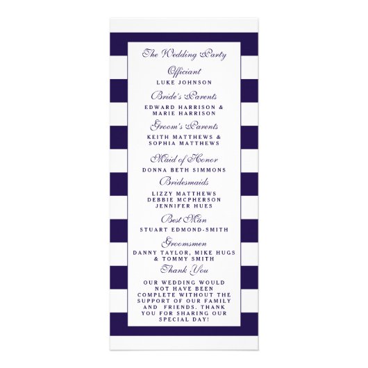 Modern Navy Blue & White Stripe Trouwprogramma Reclamekaart (Achterkant)
