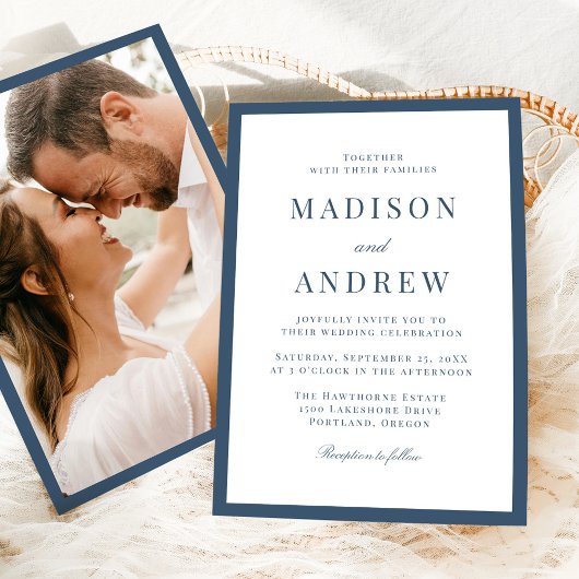 Modern Navy Border Photo Wedding Kaart