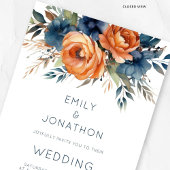 Modern Navy Burnt Orange Florals QR Code Wedding Kaart