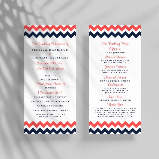Modern Navy & Coral Chevron Wedding Programma