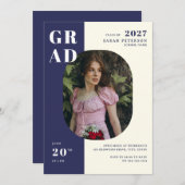 Modern Navy Cream Bold Typography Foto Afstuderen Kaart (Voorkant / Achterkant)