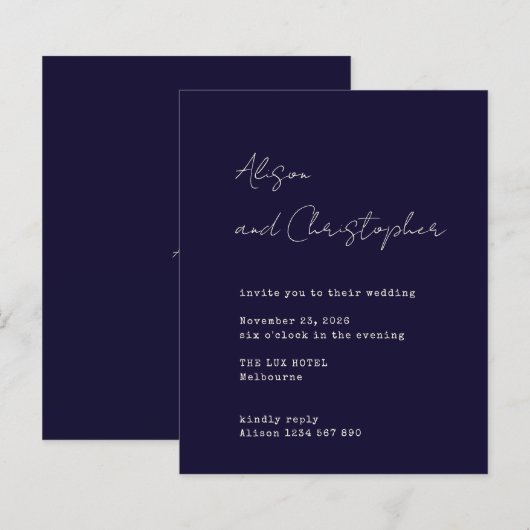 Modern Navy Elegant Script Wedding Invitation (Voorkant / Achterkant)
