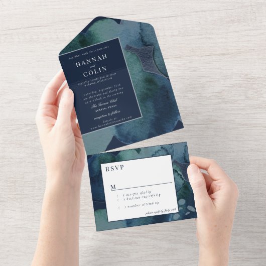 Modern Navy Emerald Abstracte Waterverf All In One Uitnodiging (Afscheurbaar)