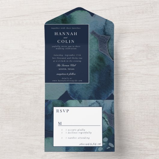 Modern Navy Emerald Abstracte Waterverf All In One Uitnodiging (Binnen)