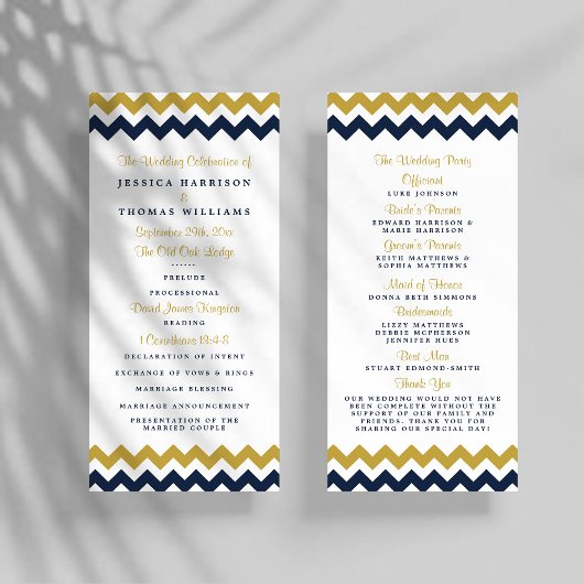 Modern Navy & Gold Chevron Wedding Programma