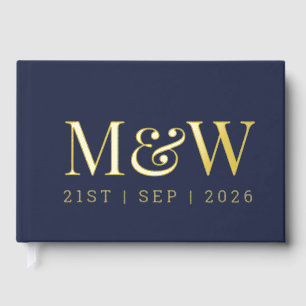 Modern Navy Gold Folie Monogram Initialen Huwelijk Gastenboek