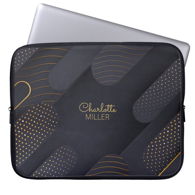 Modern Navy-Gold Halftone Pattern en Custom Name Laptop Sleeve (Voorkant)