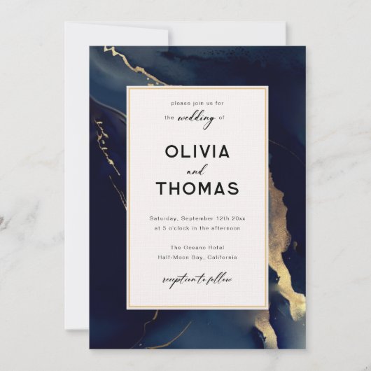 Modern Navy Gold Lijst Elegant Boho Beach Bruiloft Kaart (Voorkant)