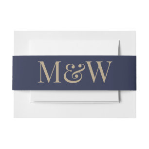 Modern Navy Gold Monogram Initialen Blauw Bruiloft Uitnodigingen Wikkel