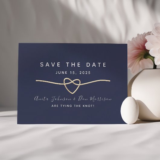 Modern Navy Gold Rope Heart Save The Date