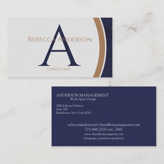 Modern Navy, Goud en Grijs Monogram Visitekaartje (Voorkant / Achterkant)