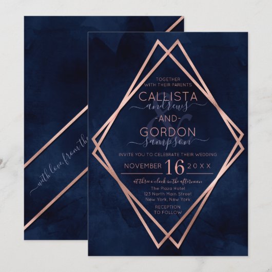 Modern Navy Roos Gold Geometrische Border Wedding Kaart (Voorkant / Achterkant)
