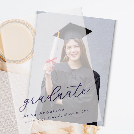 Modern Navy Script Custom Afstuderen Overlay Vellum Uitnodigingen