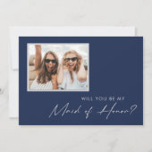 Modern Navy Silver Photo Maid of Honor proposal Kaart (Voorkant)