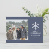 Modern Navy Snowflake Christmas Photo Feestdagenkaart (Staand voorkant)