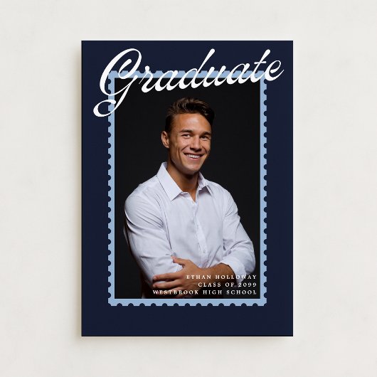 Modern Navy Stamp Graduation Announcement Kaart