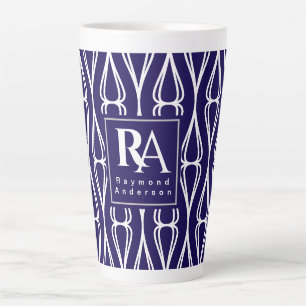 Modern Navy White Pattern Monogram Latte Mok