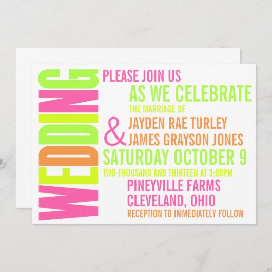 Modern Neon Brights Block Print Weddenation Kaart (Voorkant / Achterkant)