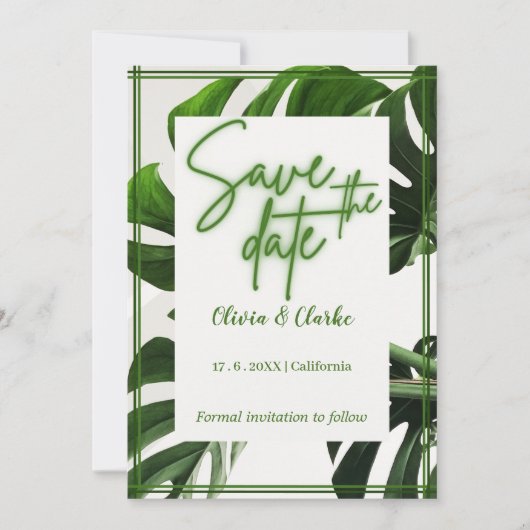Modern Neon Groen en Wit Tropisch Save the Date Kaart (Voorkant)