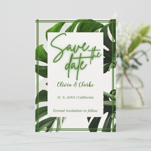 Modern Neon Groen en Wit Tropisch Save the Date Kaart (Staand voorkant)