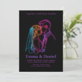 Modern Neon Line Art Couple Wedding Invitation (Debout devant)