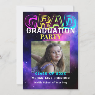 Modern neon middelbare school fotograduatie party kaart