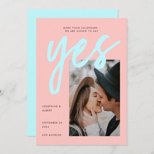 Modern Neon Pink Mint Big Script Photo Weddenschap Save The Date (Voorkant / Achterkant)