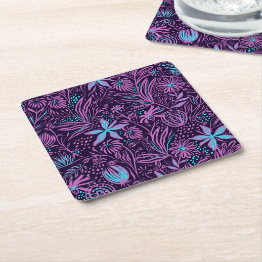 Modern Neon Purple Floral Pattern Vierkante Kartonnen Onderzetter (Schuin)