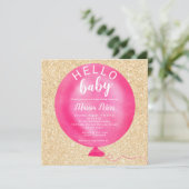 Modern neon roze ballon gouden glitter baby shower kaart (Staand voorkant)