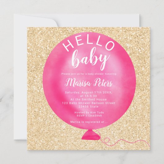 Modern neon roze ballon gouden glitter baby shower kaart (Voorkant)