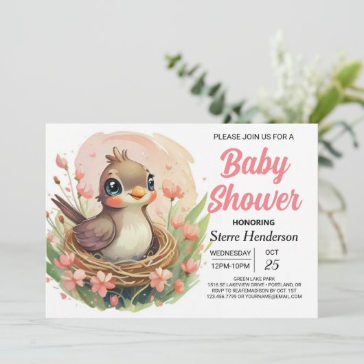 Modern Nest Whimsical Bird Baby shower Kaart (Staand voorkant)