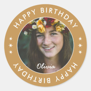 Modern neutraal script Elegant Happy Birthday Foto Ronde Sticker