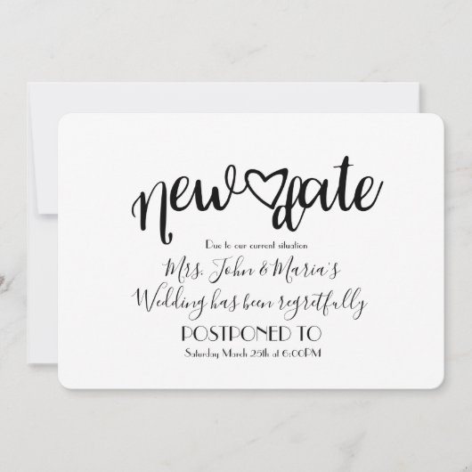 Modern New Date Postponement Annulering Wedding Kaart (Voorkant)